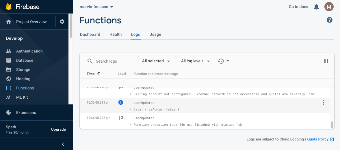 User data updated log